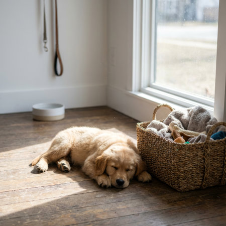 An adorable golden retriever puppy sleeps soundly in a patch of warm sunlight on a rustic wooden floor, its head resting on its paws next to a basket of toys.の素材