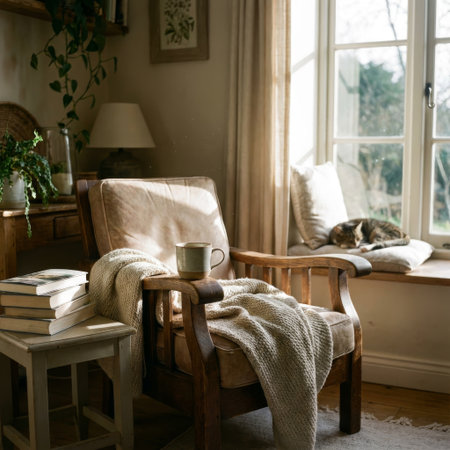 Sunlight streams into a tranquil reading nook, highlighting a cozy armchair, a warm mug, and a cat sleeping peacefully on the windowsill. A perfect moment of hygge.の素材