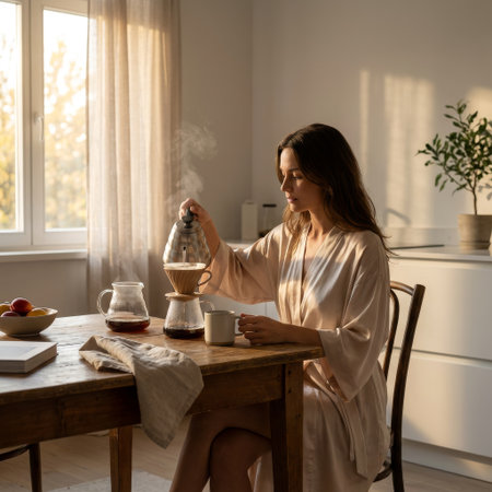 A serene woman in a silk robe mindfully brews pour-over coffee at a rustic wooden table, bathed in the warm, golden light of a quiet morning at home.の素材