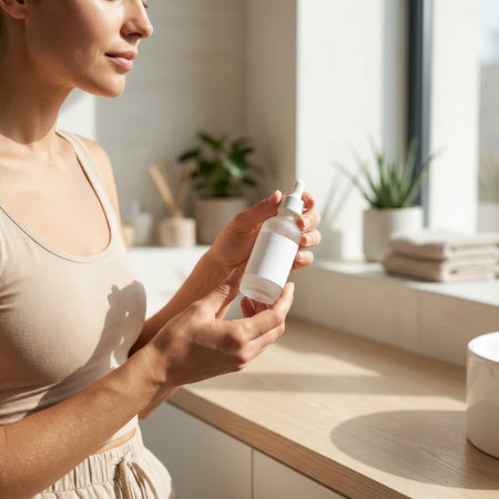 A woman with radiant skin holds a cosmetic serum bottle with a blank label in a sunlit bathroom. A serene morning self-care ritual or product mockup concept.の素材