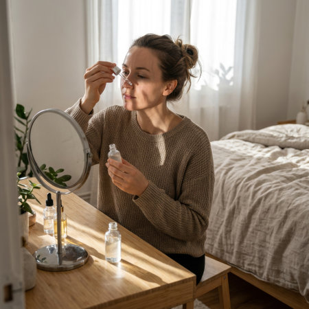 A woman in a cozy sweater sits at a wooden desk in her sunlit bedroom, applying face serum as part of her morning self-care routine.の素材