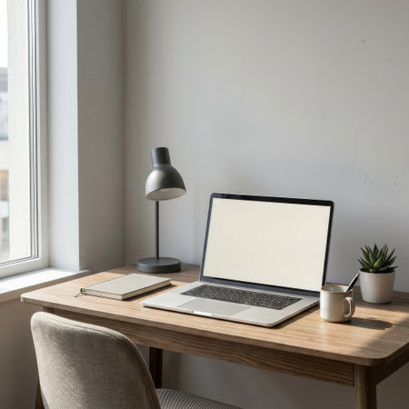 A tranquil, sunlit home office with a laptop mockup on a wooden desk. This modern, minimalist workspace evokes productivity, focus, and calm remote work.の素材