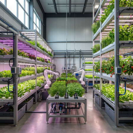 A state-of-the-art vertical farm where two robotic arms meticulously tend to lush hydroponic plants on multi-level racks illuminated by vibrant white and purple LED grow lights.の素材