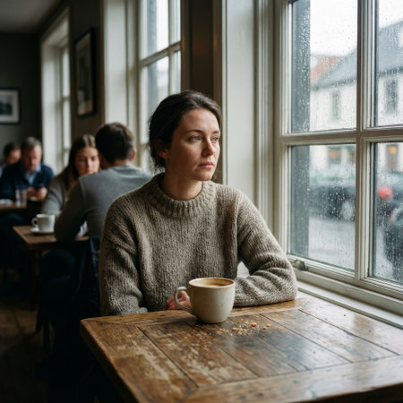 A pensive young woman in a cozy sweater sits alone with coffee, gazing out a rain-streaked window in a cafe, lost in quiet contemplation on a gloomy day.の素材