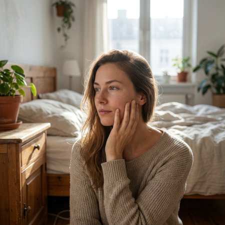 A pensive woman in a cozy sweater sits in her sun-drenched bedroom, her gaze distant. Dust motes dance in the light, highlighting a moment of quiet solitude and reflection.の素材