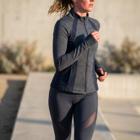An athletic woman runs with determination in the golden morning light, her body clad in sleek, form-fitting grey and navy activewear. Motion blur captures her energy.の素材