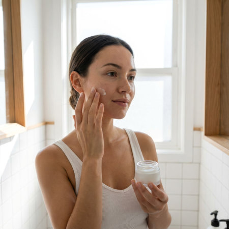 Morning self-care ritual: A serene woman gently applies hydrating cream to her cheek in a bright, naturally lit bathroom with wooden accents.の素材