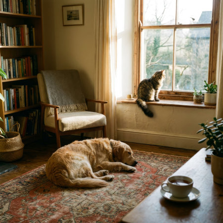 In a sun-drenched living room, a golden retriever naps peacefully on a rug as a curious cat sits on the windowsill, embodying a moment of serene companionship.の素材