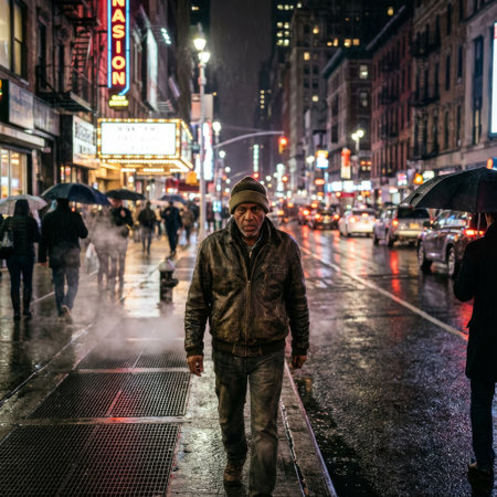 A determined man walks through a rainy, neon-lit city night. Steam rises from the wet pavement, reflecting the vibrant, atmospheric glow of the urban landscape.の素材