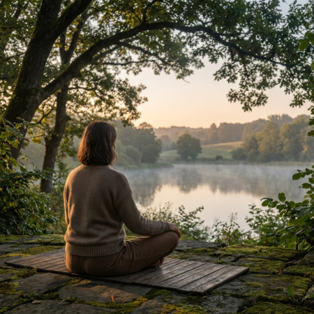 A woman, seen from behind, meditates in a serene lotus pose on a wooden mat atop mossy stones, overlooking a misty lake at a tranquil, golden sunrise.の素材