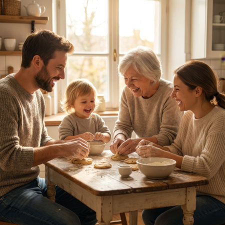 In a cozy, sun-drenched kitchen, a family with a grandmother and toddler share a moment of pure joy, laughing as they make cookies together at a rustic table.の素材