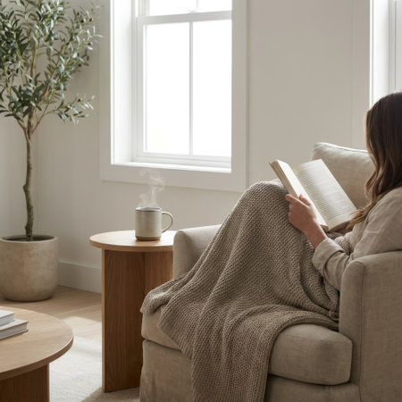 A woman enjoys a peaceful moment, reading a book while curled up in a cozy armchair under a warm knit blanket. Natural light streams from a window, illuminating a steaming mug.の素材