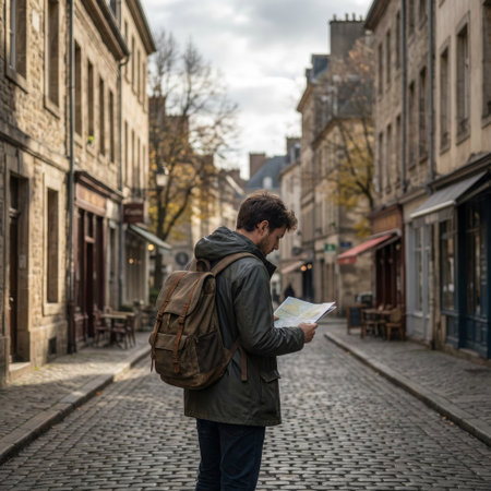A solo traveler with a backpack stands on a historic cobblestone street in Europe, intently studying a map to navigate the charming, old-world city on an overcast day.の素材