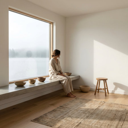 A barefoot woman in linen pajamas sits on a concrete bench, contemplating a misty lake view in a serene, sunlit minimalist room with wooden bowls.の素材