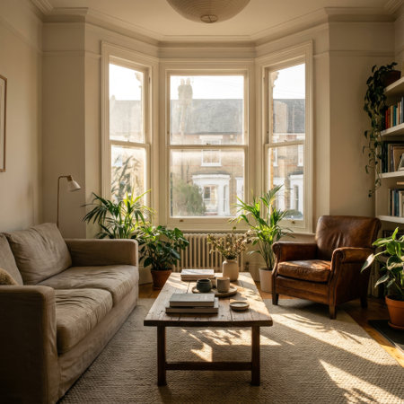 A tranquil, sun-drenched living room in a classic home, featuring a cozy sofa, a leather armchair, and lush houseplants arranged around a large bay window during golden hour.の素材