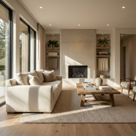Bathed in warm sunlight, this serene living room showcases a Japandi design with a neutral palette. A plush sofa faces a rustic coffee table and a modern stone fireplace.の素材