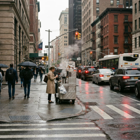 On a wet Manhattan street, a woman finds warmth at a steaming coffee cart. Red traffic lights reflect on the slick pavement amidst the city's rainy day hustle.の素材