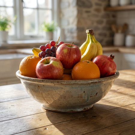 A beautiful still life of a rustic, speckled ceramic bowl overflowing with fresh fruit on a wooden table. Soft, natural light from a window illuminates the scene.の素材