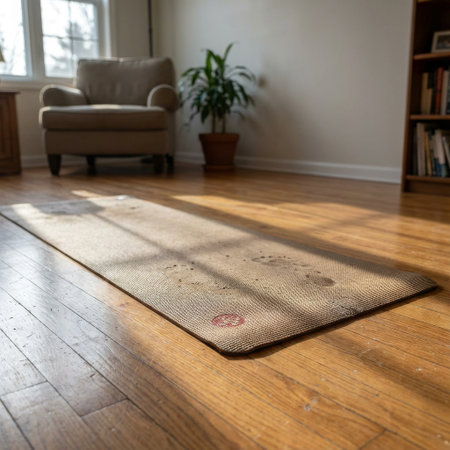 A well-used yoga mat, marked with footprints of practice, lies on a hardwood floor in a sun-drenched room. A tranquil space for mindfulness, wellness, and daily routine.の素材