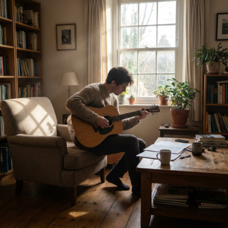 A young man in a cozy sweater sits in a sunlit, book-lined room, composing music on his acoustic guitar. Natural light from a window creates a warm, peaceful atmosphere.の素材