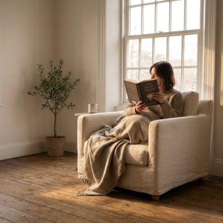 Engrossed in 'The Quiet Hours,' a woman relaxes in a comfy armchair with a blanket. Soft sunlight streams through a large window, creating a warm, tranquil, and cozy scene.の素材