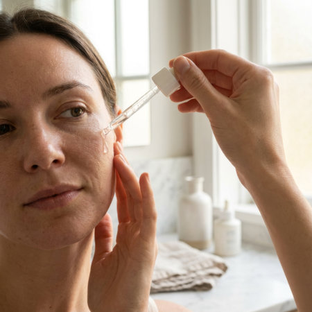 A focused woman in a sunlit bathroom performs her morning skincare routine, applying a drop of hydrating serum to her cheek with a glass pipette for a healthy, natural glow.の素材