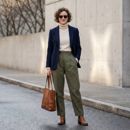 A stylish woman with curly hair smiles confidently, posing on a city street. She wears a navy blazer, olive trousers, and carries a brown leather tote, embodying modern elegance.の素材