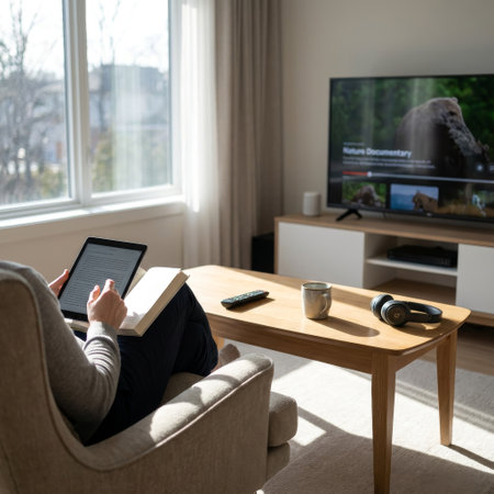 Over-the-shoulder view of a person reading an e-book in a sun-drenched armchair. A nature documentary plays on the TV, completing this peaceful, modern home lifestyle scene.の素材