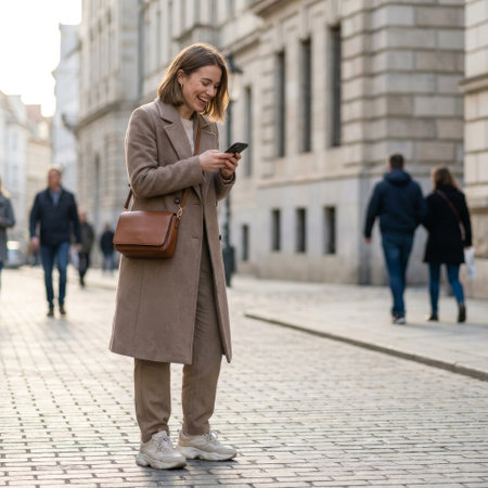 A stylish young woman in a beige coat smiles joyfully while using her smartphone on a sunlit cobblestone street in a European city, a candid moment of modern connection.の素材