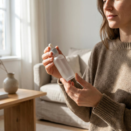 A serene woman in a cozy brown sweater gently holds a frosted glass serum bottle, bathed in soft morning sunlight. A quiet, mindful moment of self-care in a minimalist home.の素材