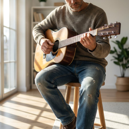 A focused man in a cozy sweater plays an acoustic guitar in a sunlit room. Warm light streams through a window, illuminating floating dust motes and creating a serene, quiet mood.の素材