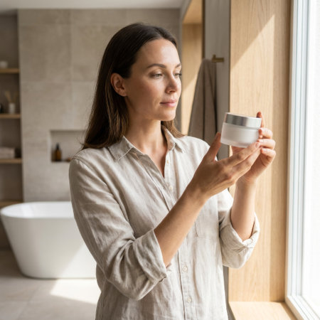 A thoughtful woman in a linen shirt inspects a skincare cream jar in a sunlit, modern bathroom. Her serene expression suggests a mindful morning self-care ritual.の素材