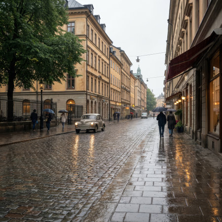 Pedestrians with umbrellas stroll along a rain-slicked cobblestone street in a historic European city, where a classic car adds a touch of timeless nostalgia to the moody scene.の素材
