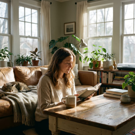 A woman enjoys a quiet moment, reading a book with a warm drink in her sun-drenched, plant-filled living room. Her tabby cat sleeps peacefully on the leather couch nearby.の素材