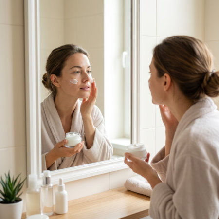 A serene woman in a cozy bathrobe performs her daily skincare routine, gently applying moisturizing cream to her face while looking at her reflection in a bright bathroom mirror.の素材