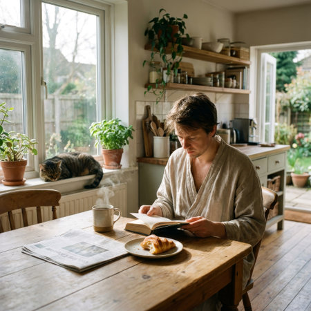 A man in a linen robe enjoys a slow morning, reading a book at a rustic wooden table with steaming coffee and a croissant. A tabby cat naps peacefully on the sunlit windowsill.の素材