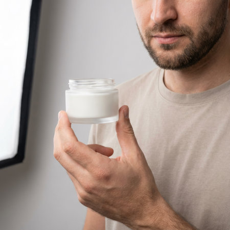 Close-up of a bearded man in a studio setting, holding a blank frosted glass jar of white cosmetic cream. Ideal for men's skincare or grooming product mockups.の素材