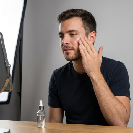 A handsome young man in a black shirt carefully applies a clear facial serum, looking at his reflection in a mirror. A modern male skincare and self-care routine.の素材