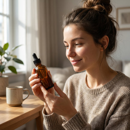 A serene young woman in a cozy knit sweater admires a brown glass dropper bottle, her face illuminated by soft window light, suggesting a peaceful self-care ritual at home.の素材