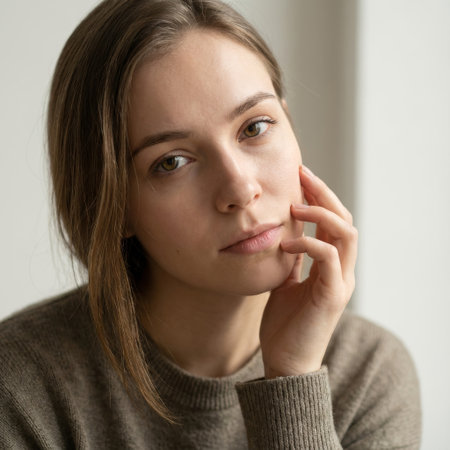 A pensive young woman with soulful hazel eyes looks directly at the camera, her hand gently touching her cheek. Bathed in soft, natural light, she conveys quiet introspection.の素材
