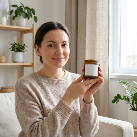 A smiling woman in a cozy sweater sits on a sofa, presenting an amber candle jar with a blank label. A bright, plant-filled living room creates a serene, natural backdrop.の素材