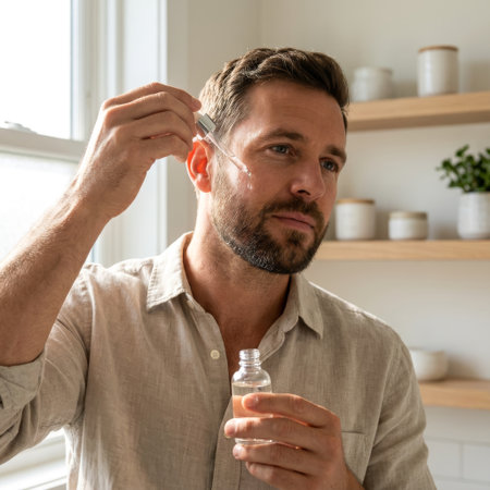 A handsome bearded man in a linen shirt carefully applies facial serum with a pipette, part of his morning self-care routine in a bright, sunlit room.の素材