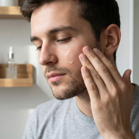 A handsome young man with his eyes closed gently applies a clear, hydrating gel serum to his cheek, indulging in a moment of quiet self-care in his bathroom.の素材