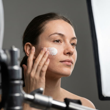 A focused woman applies white face cream in a professional studio, with a softbox light visible, capturing an authentic, behind-the-scenes moment of a beauty routine.の素材