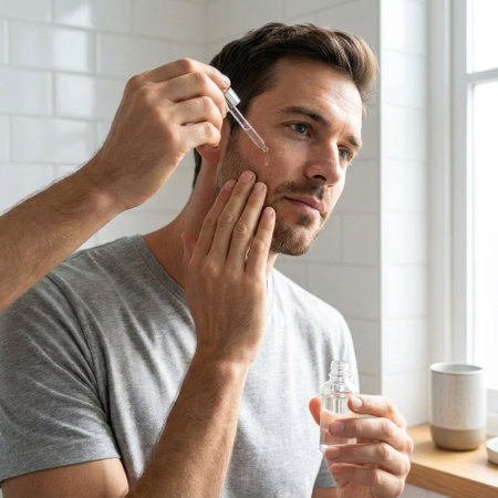 A handsome man with stubble focuses on his morning skincare routine, applying a clear hydrating serum to his cheek with a glass dropper in a bright, modern bathroom.の素材