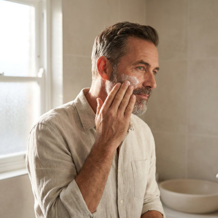 A distinguished middle-aged man with a salt-and-pepper beard performs his morning skincare routine, gently applying moisturizer in a softly lit, modern bathroom.の素材