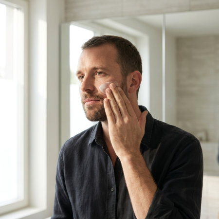 A handsome, bearded man in a dark shirt thoughtfully applies face cream, looking aside in a sunlit bathroom. A moment of quiet morning self-care and grooming.の素材