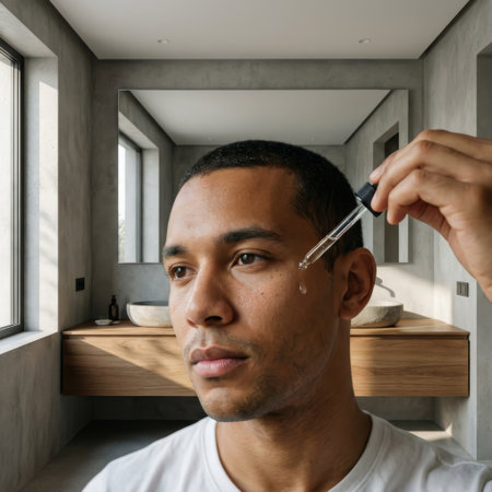 A young man carefully applies a drop of facial serum to his cheek in a sunlit, modern bathroom. A focused moment of a daily self-care and grooming ritual.の素材