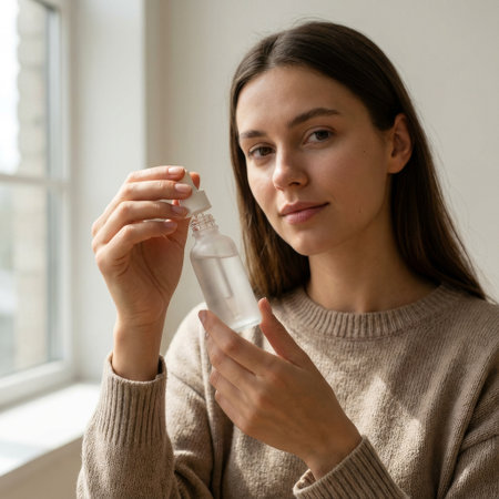 A beautiful young woman with a natural look holds a clear serum bottle, her calm gaze directed at the camera. Soft window light illuminates her serene self-care moment at home.の素材