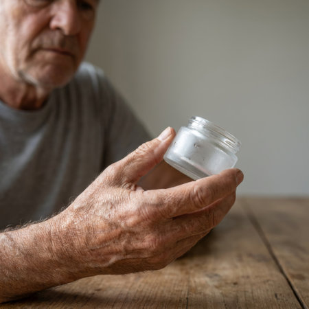 A pensive senior man sits at a wooden table, his weathered, wrinkled hand holding an empty glass jar, symbolizing scarcity, memory, or the passage of time.の素材